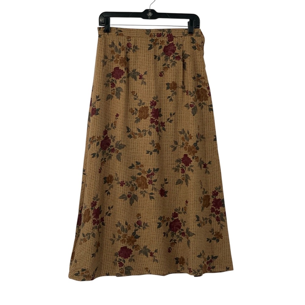 Talbots Petites Women's Floral Midi Skirt Brown Burgundy Button Detail Size 10